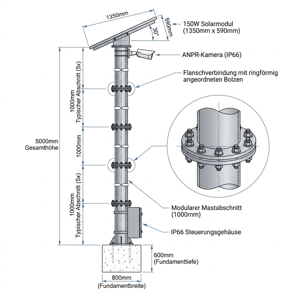 Technische Zeichnung modularer Kameramast